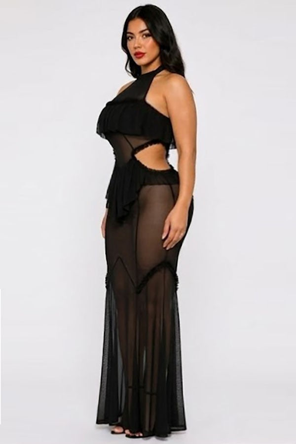 Women's Sheer Mesh Halter Ruffle Trim Maxi Dress - photo 2