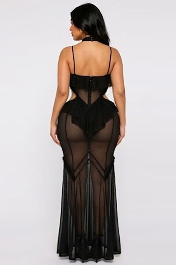 Women's Sheer Mesh Halter Ruffle Trim Maxi Dress - photo 3