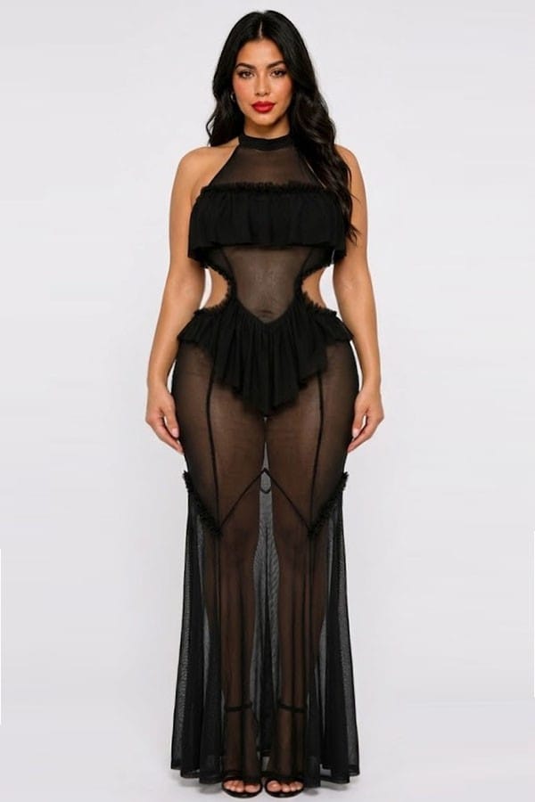 Women's Sheer Mesh Halter Ruffle Trim Maxi Dress