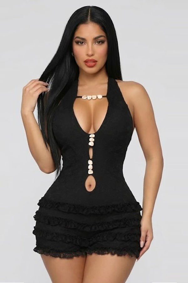 Women's black shell trim halter lace ruffle romper