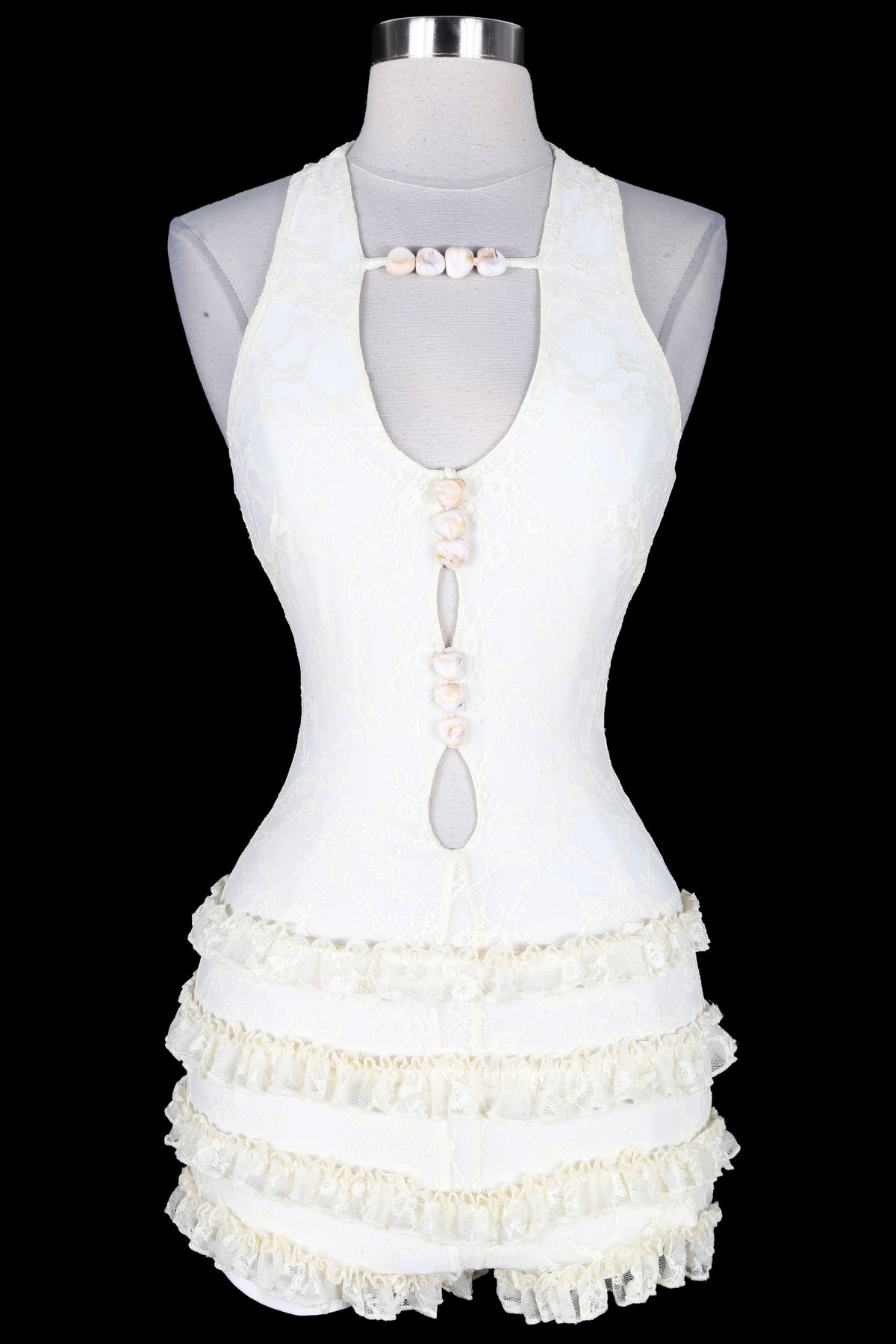 Women's white shell trim halter lace ruffle romper - photo 4