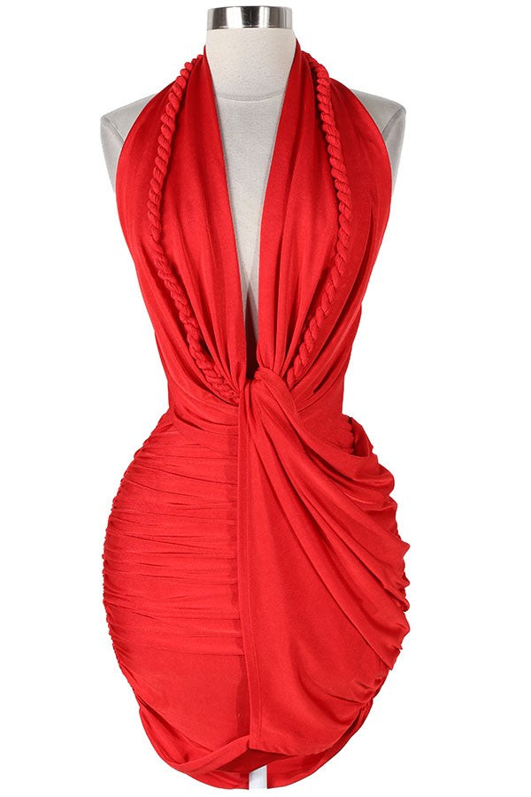 Women's red shimmer halter plunge ruched mini dress - photo 4