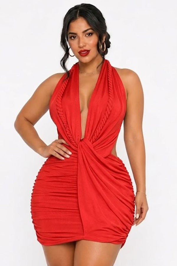 Women's red shimmer halter plunge ruched mini dress