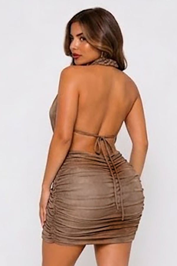Women's brown shimmer halter plunge ruched mini dress - photo 3