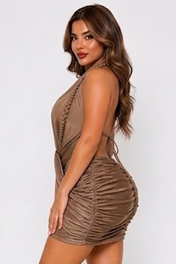 Women's brown shimmer halter plunge ruched mini dress - photo 2