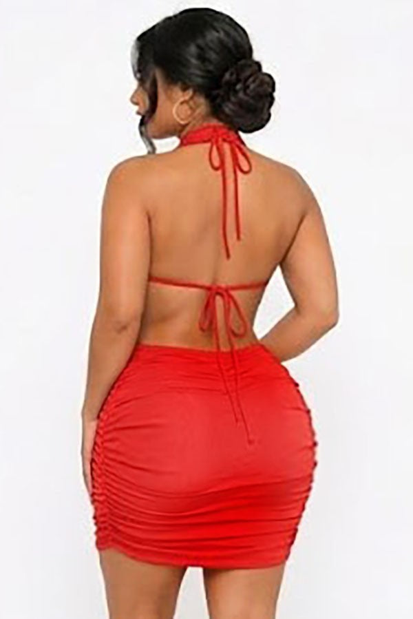 Women's red shimmer halter plunge ruched mini dress - photo 3