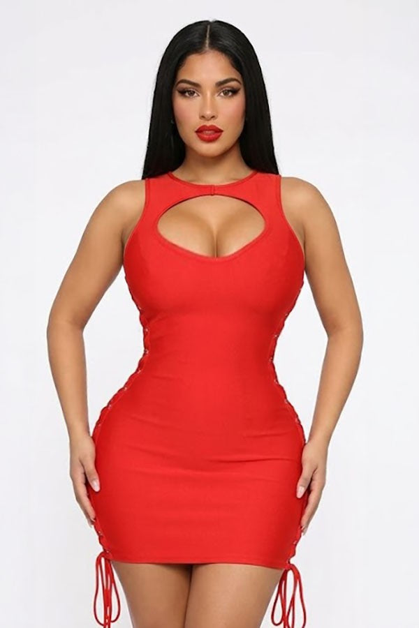 Women's red keyhole side lace-up sleeveless bodycon mini dress