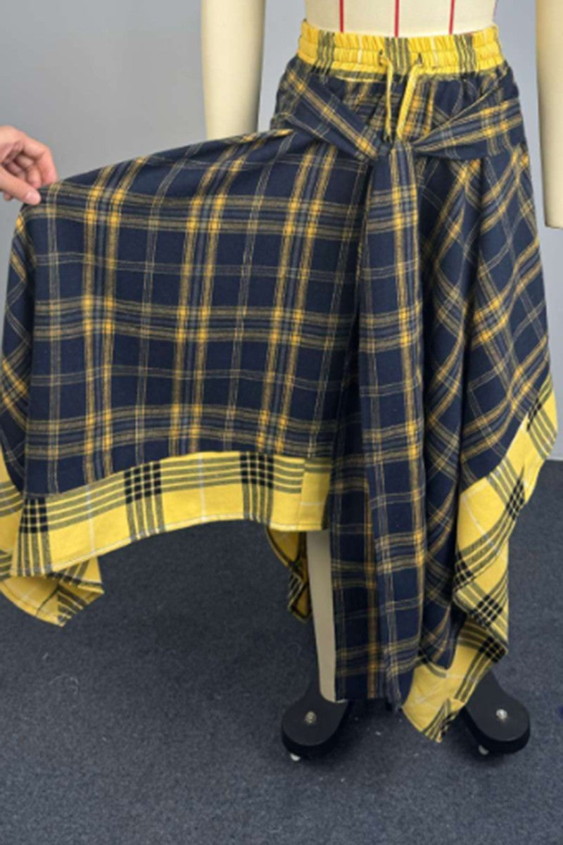 Plaid midi skirt styled