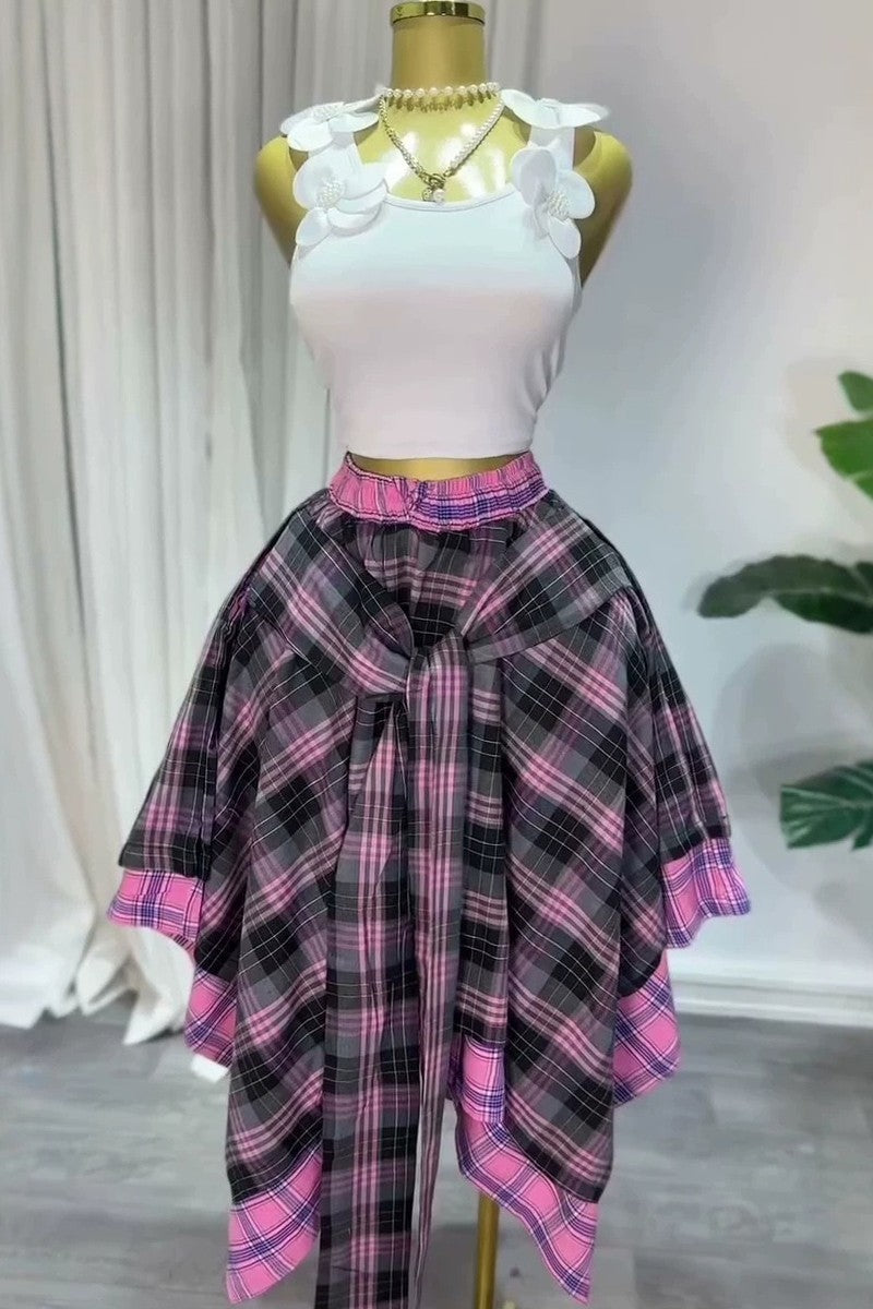 Plaid tie-front midi skirt front view