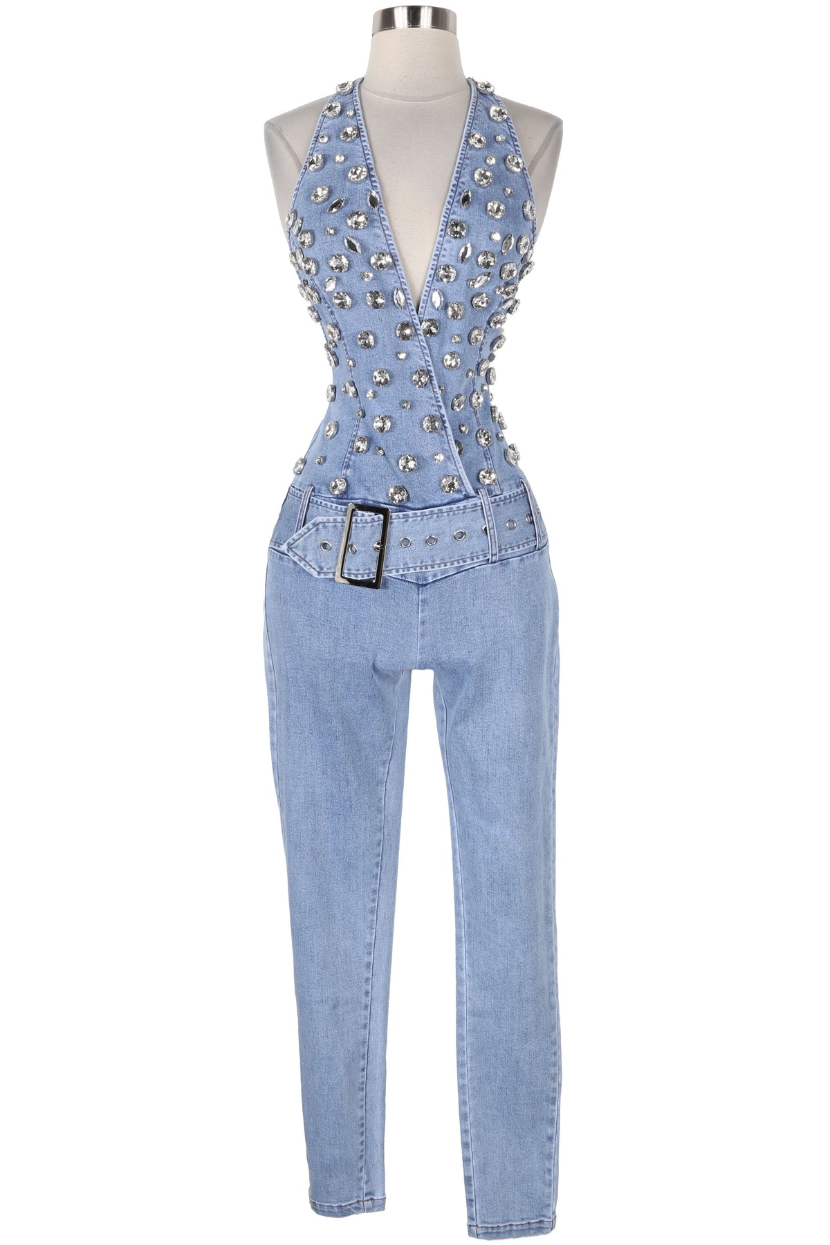 Women's Crystal Halter Plunge Light Wash Denim Jumpsuit - photo 4