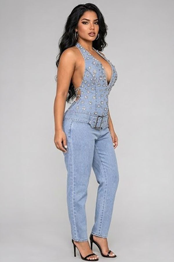 Women's Crystal Halter Plunge Light Wash Denim Jumpsuit - photo 2