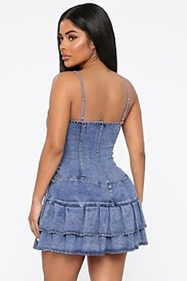 Women's Lace-Up Corset Tiered Ruffle Denim Mini Dress - photo 3