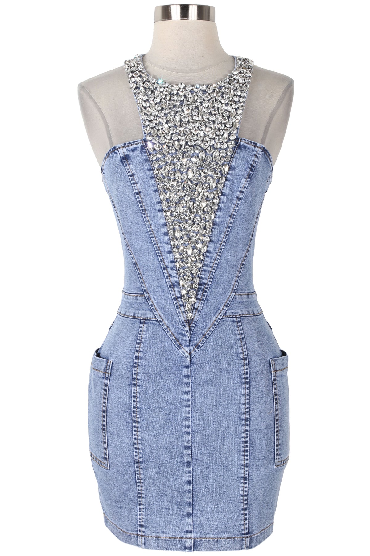 Women's Rhinestone Front Sleeveless Denim Bodycon Dress - photo 4