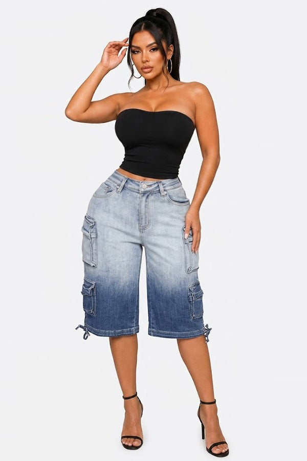 Women's Ombre Wash Cargo Denim Bermuda Shorts