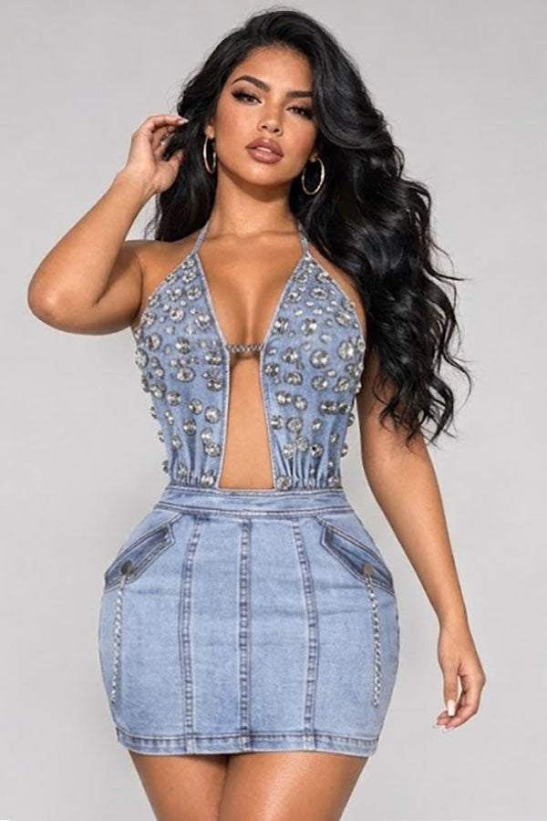 Women's light wash denim halter cut-out mini dress