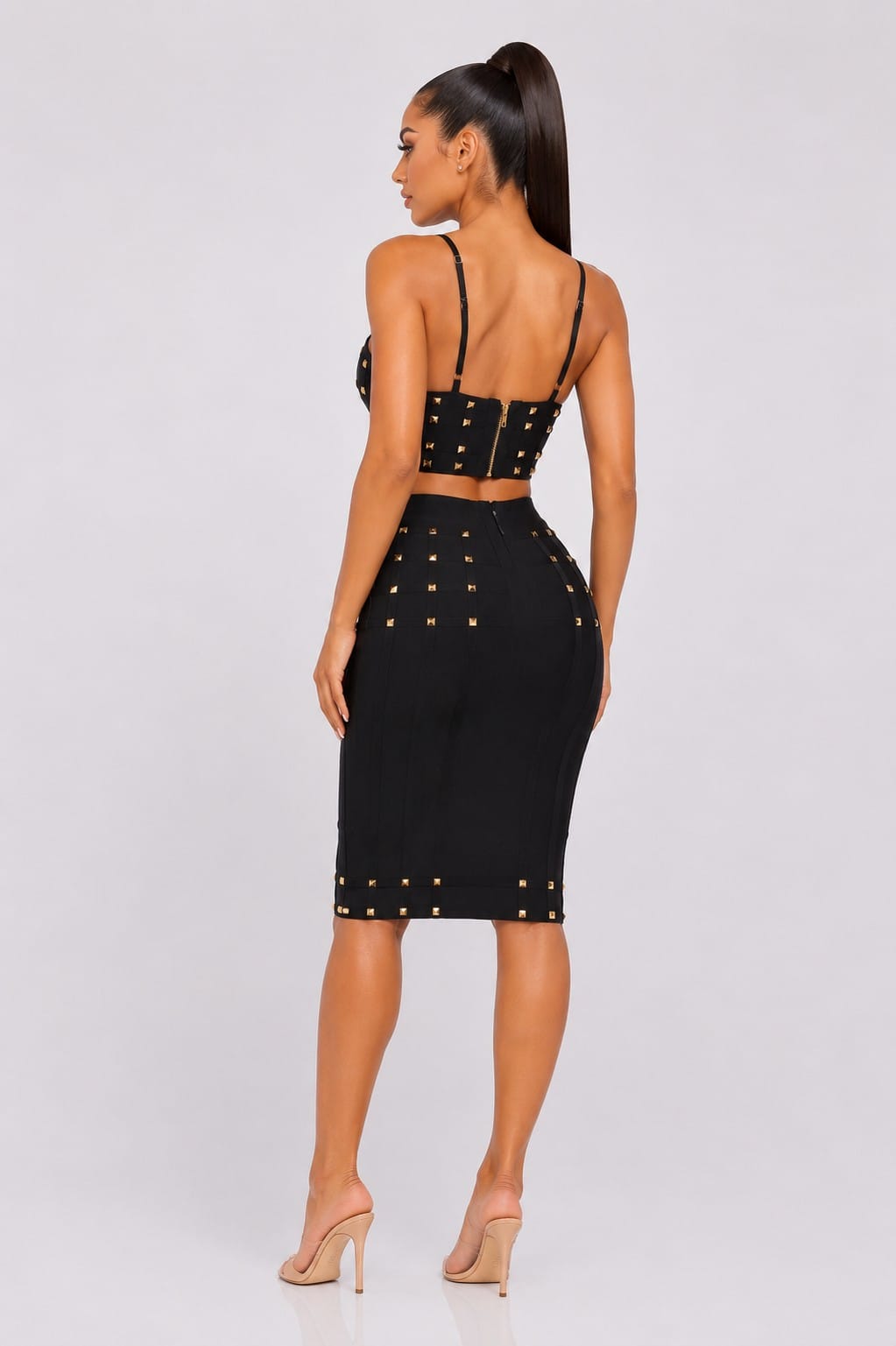 Women's Luxe Edge Studded Bandage Crop Top Mini Skirt Two Piece Set – detail view