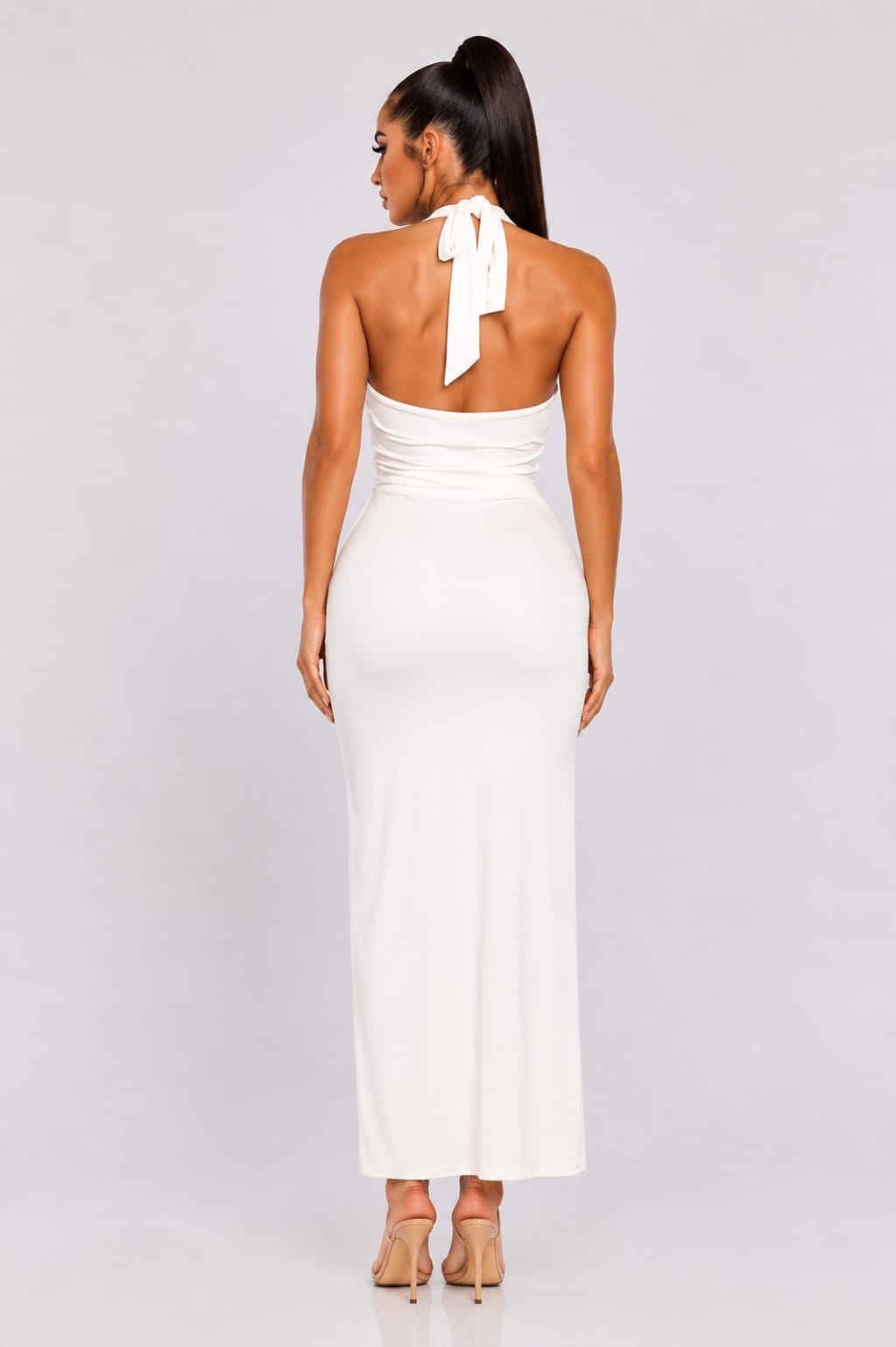 Women's Seraphina Cascade Halter Cowl Neck Draped High Slit Maxi Dress – detail view