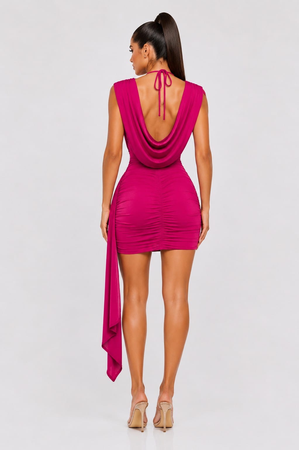Women's Lumière Drape Ruched Cowl Neck Asymmetric Mini Dress – back view