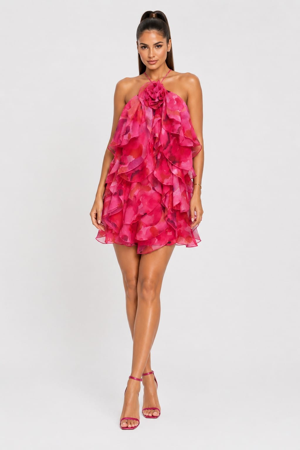 Women's Blooming Serenade Floral Applique Halter Tiered Ruffle Mini Dress – front view