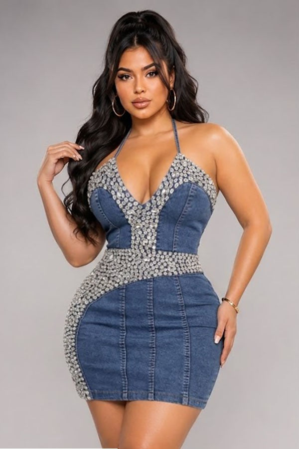 Women's Rhinestone Halter Denim Mini Dress