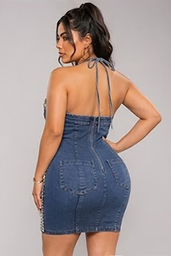 Women's Rhinestone Halter Denim Mini Dress - photo 3