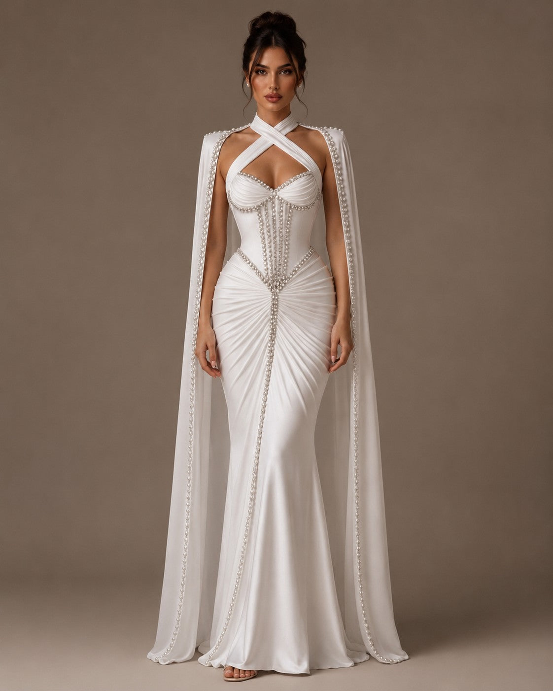 Women's white halter keyhole cape maxi dress