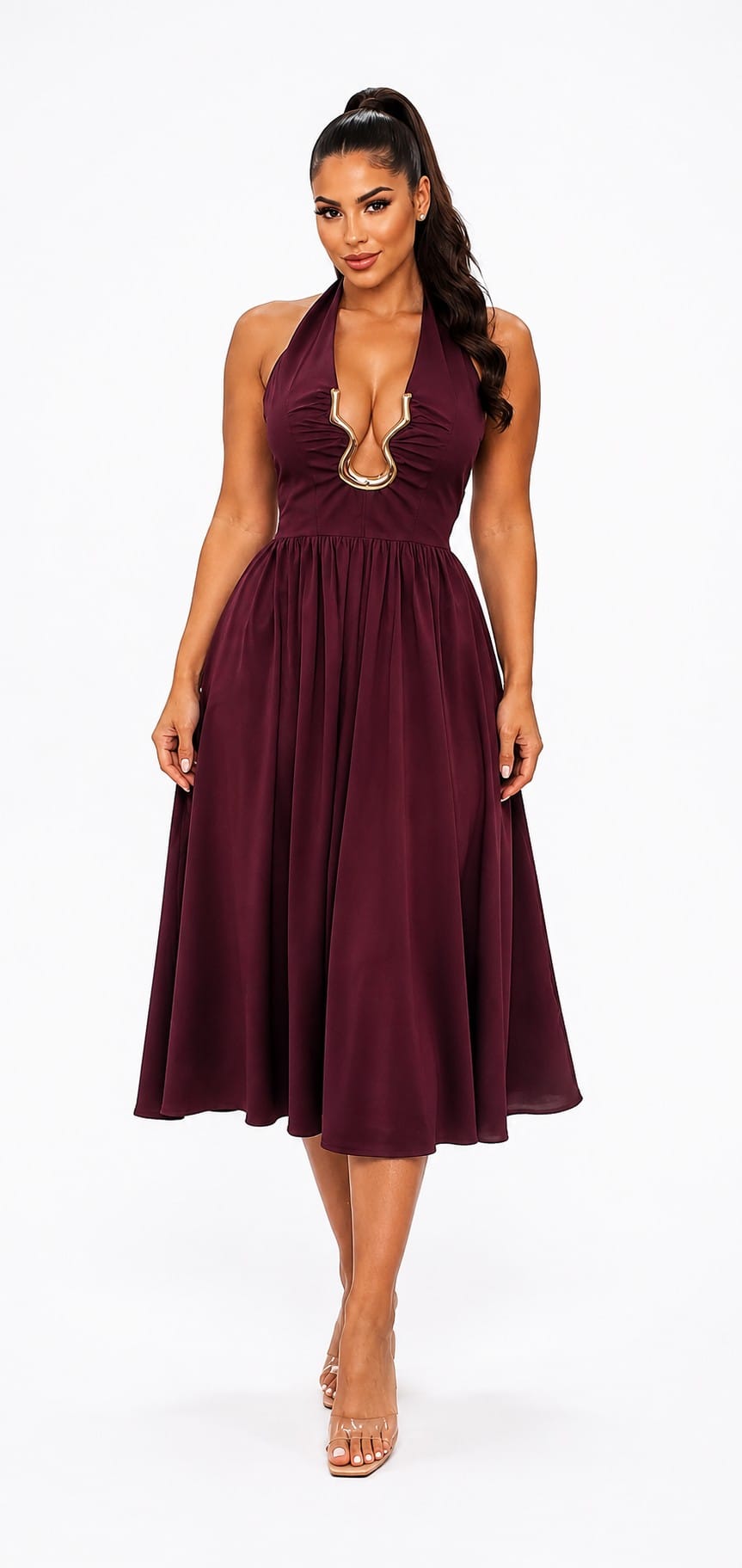 Women's Gilded Muse Gold Trim Halter Fit & Flare Midi Dress – side view