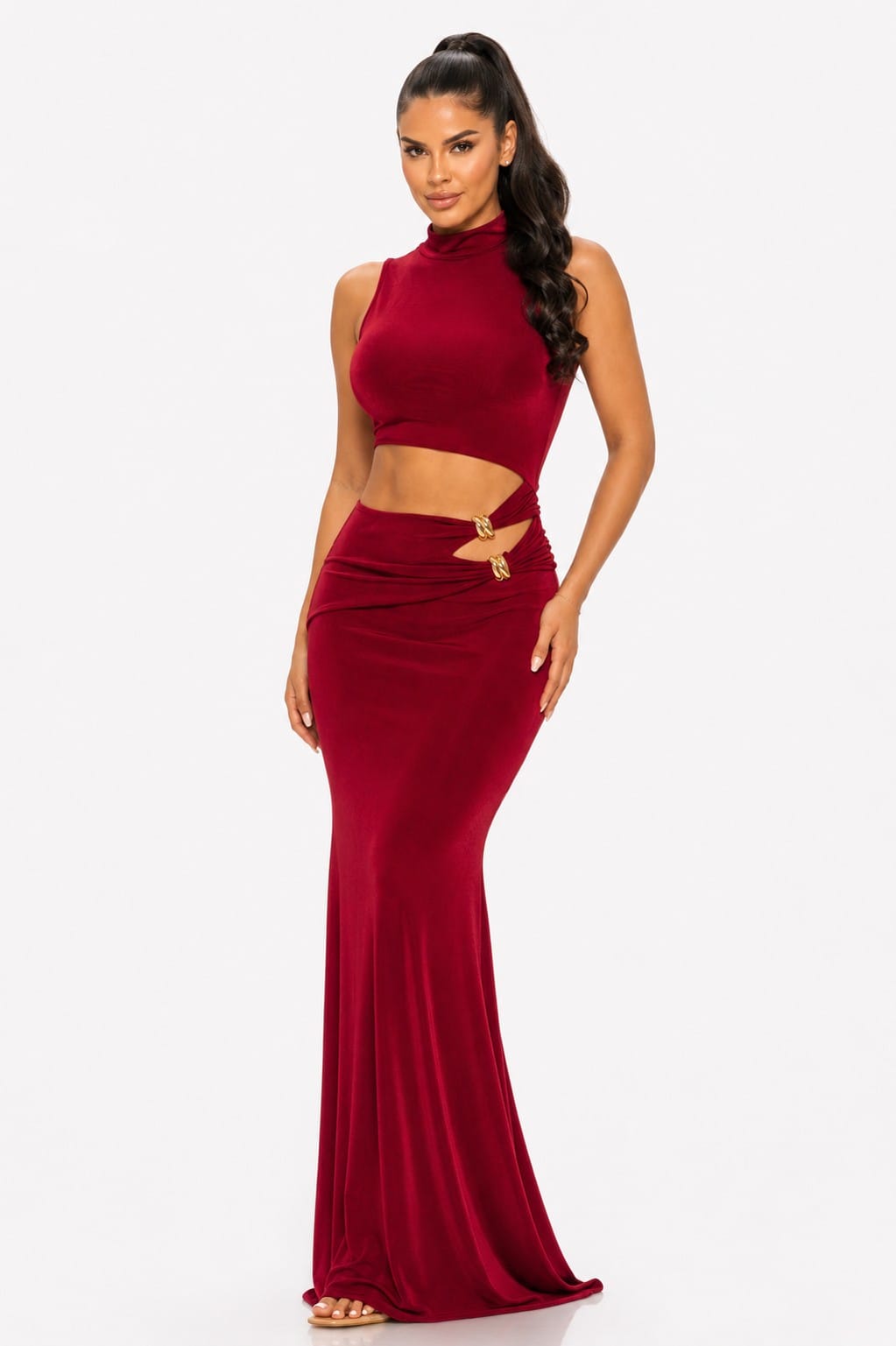 Women's Burgundy Sculpted Siren Cutout Mermaid Gown – back view