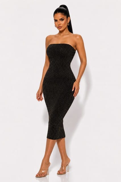 Women's Noir Étreinte Gold Lurex Knit Tube Midi Dress – side view