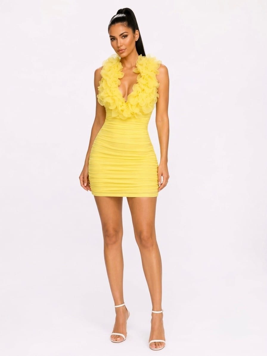 Women's Lumière Élan Ruffle Halter Ruched Mini Dress – back view