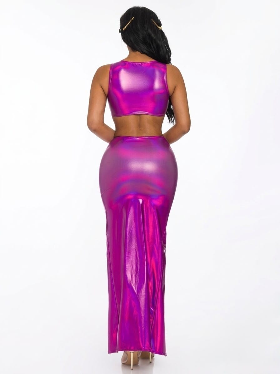 Women's Fuchsia Hologram Pu Metallic Top & High Waist Skirt Set – back view