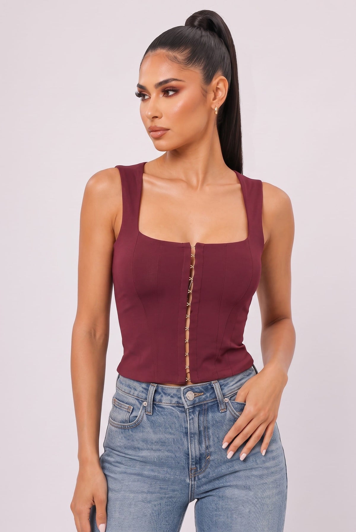 Women's Sculpted Corset Button-Front Top – front view