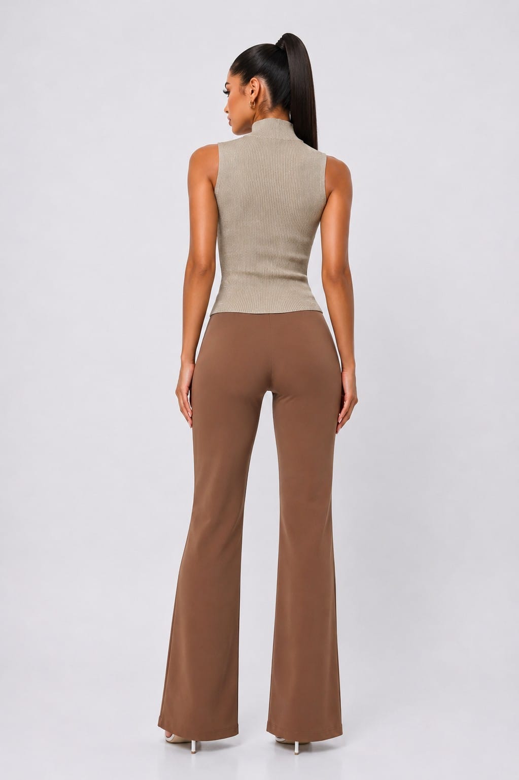 Women's Brown Lurex Ribbed Mock-Neck Knit Top – full-length view