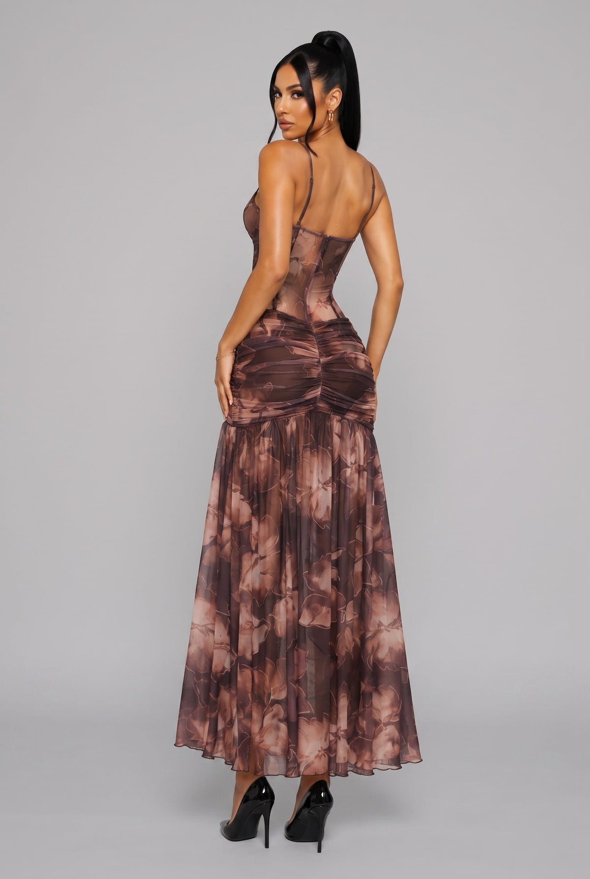 Women's Brown Sheer Corst Ruched Maxi Dress – side view