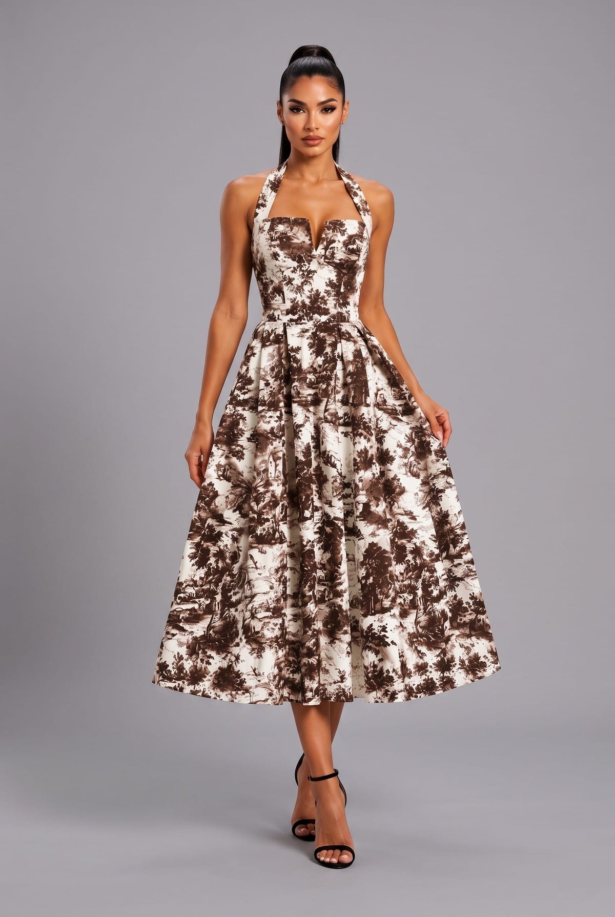 Women's Brown Vintage Garden Halter Sweetheart a-Line Midi Dress – front view