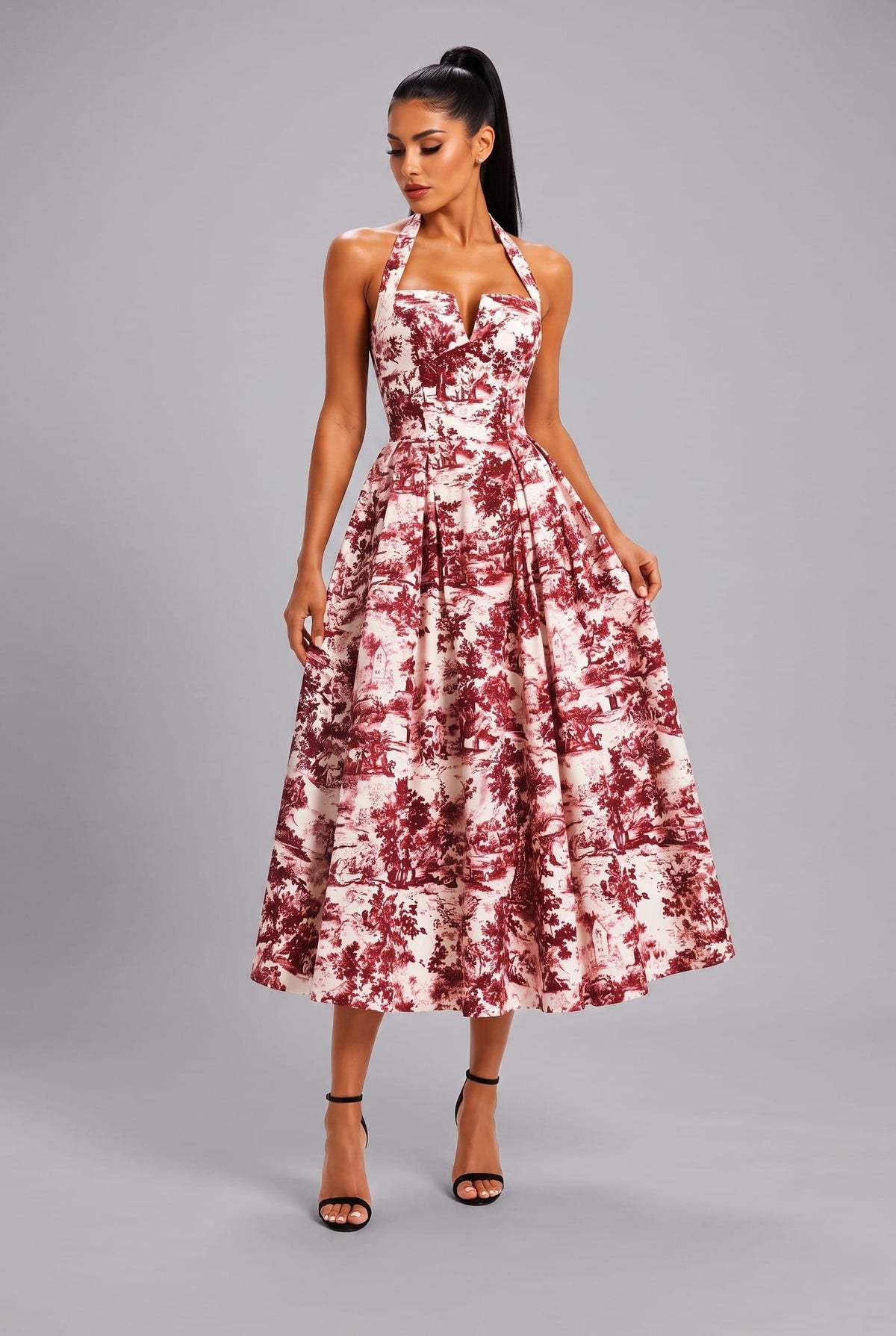 Women's Brown Vintage Garden Halter Sweetheart a-Line Midi Dress – side view