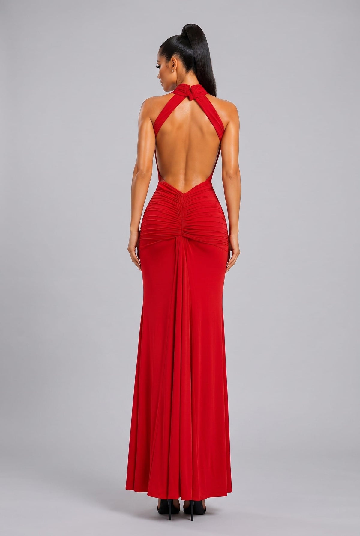 Women's Elysian Drape Halter Open Back Mermaid Gown – detail view