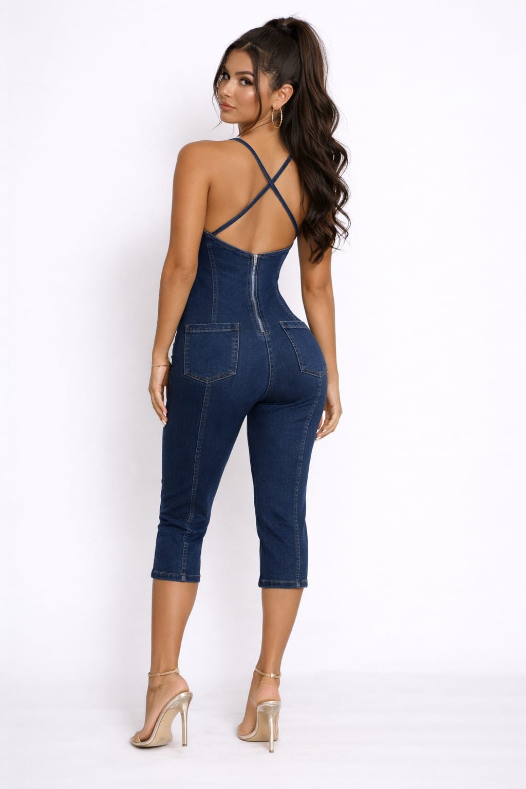 Women's Denim Corset Capri Jumpsuit – front view