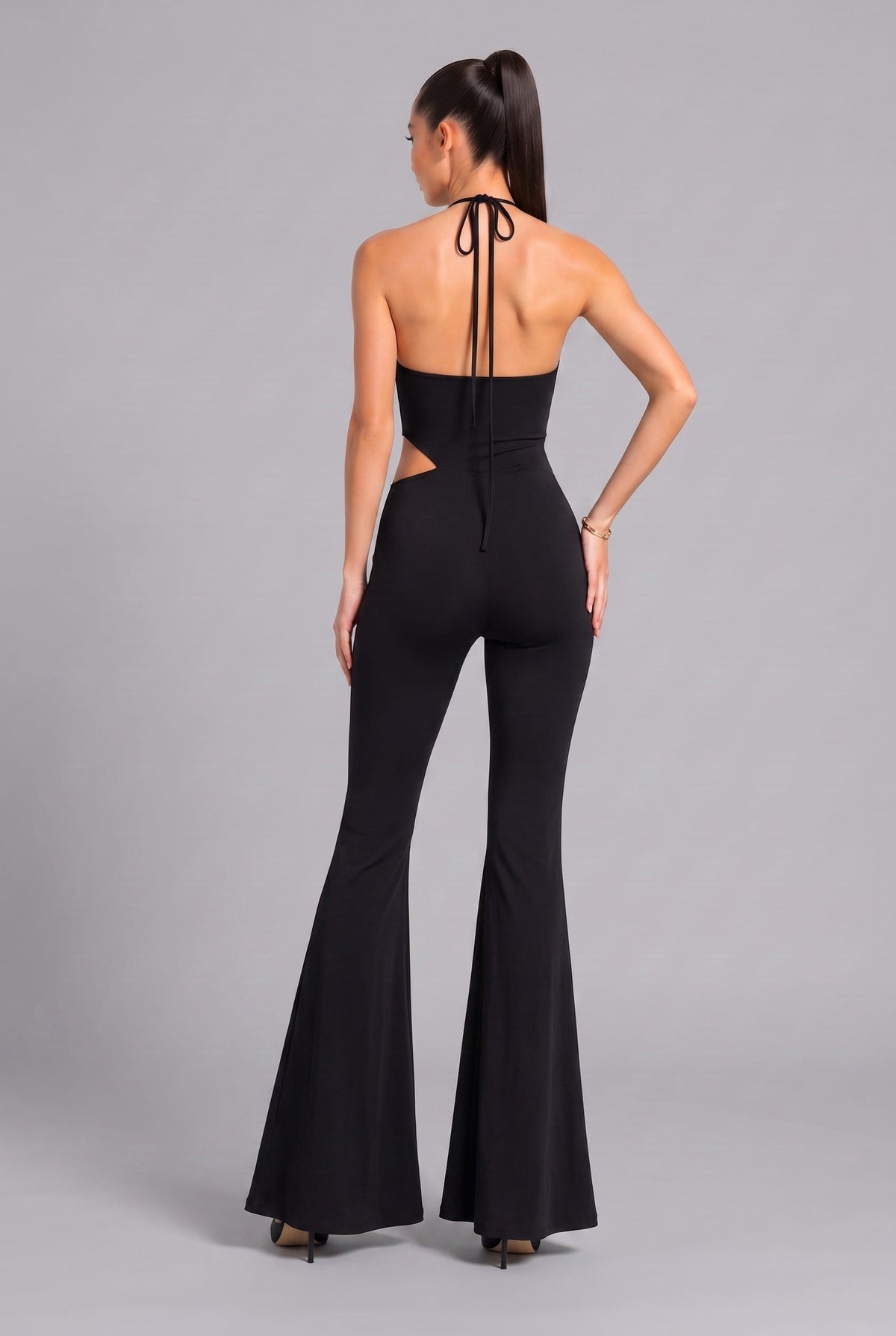 Women's Golden Allure Cowl Neck Halter Wide Leg Jumpsuit – back view