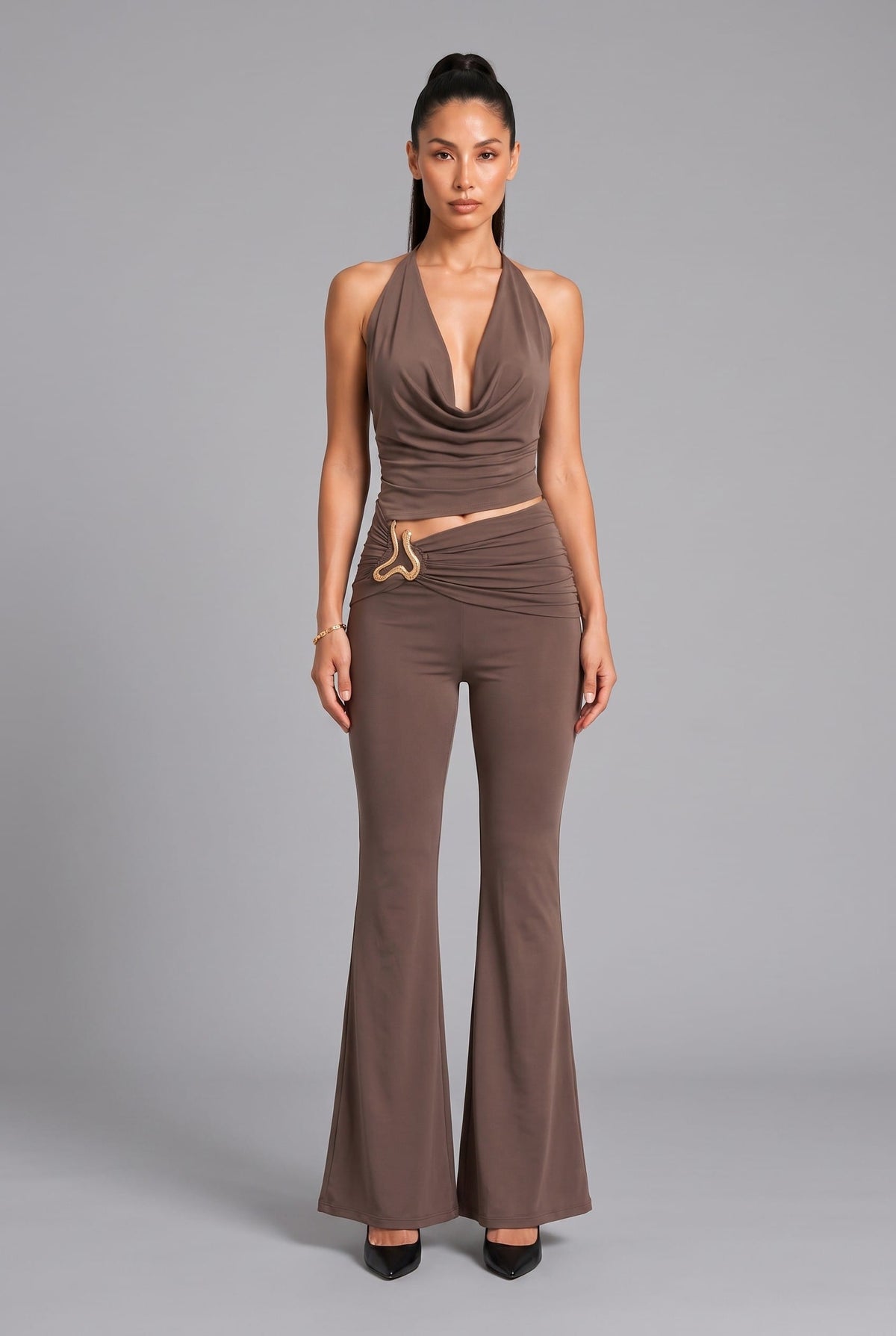 Women's Golden Allure Cowl Neck Halter Wide Leg Jumpsuit – side view