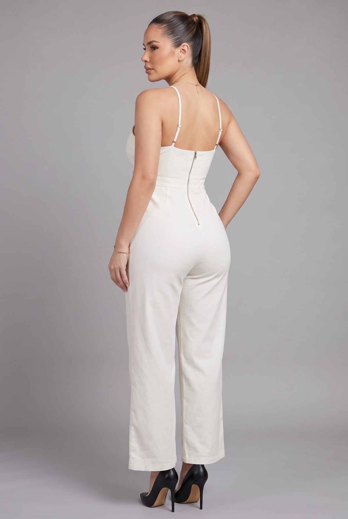Women's Off-White Allure Luxe Halter Cutout Wide Leg Jumpsuit – side view