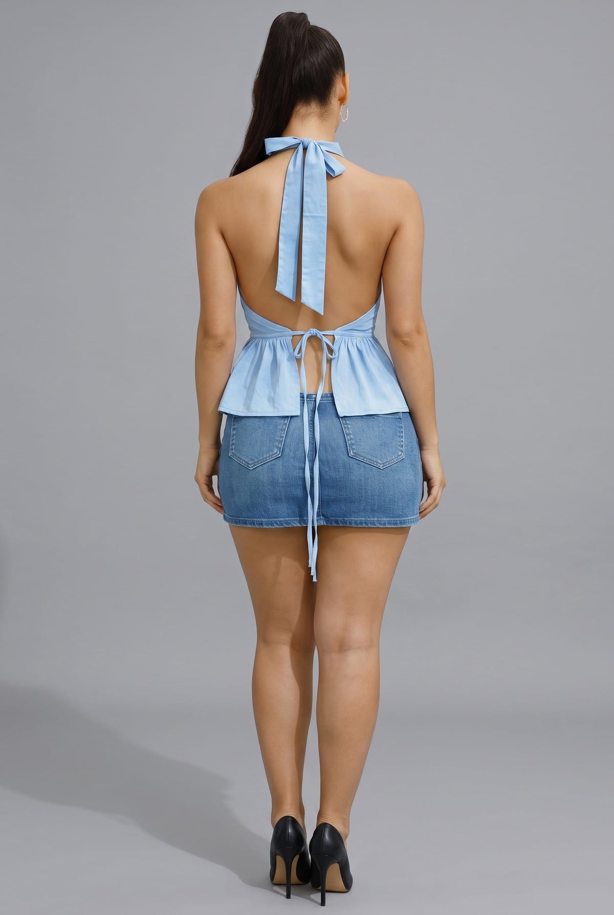 Women's Sienna Luxe Plunge Halter Smocked Peplum Poplin Top – detail view