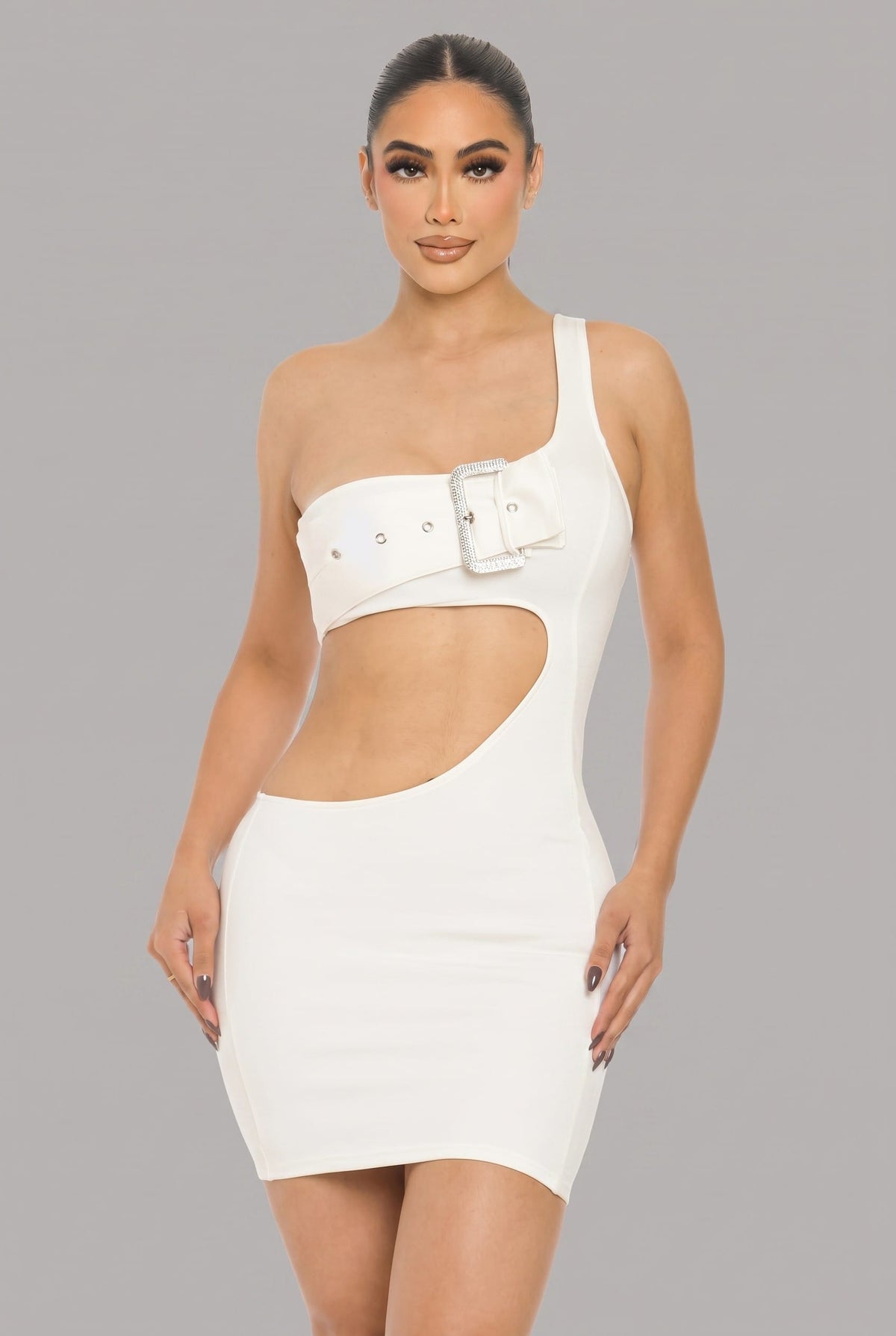Women's Off-White Sculpted Edge Buckle Cutout One Shoulder Mini Dress – back view
