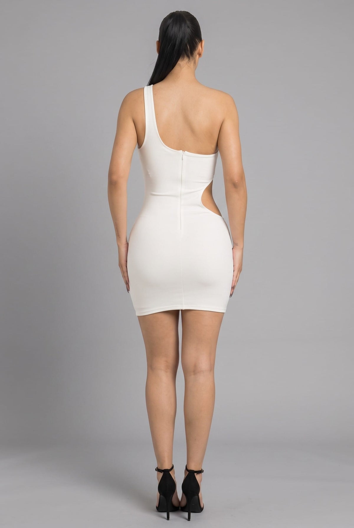 Women's Off-White Sculpted Edge Buckle Cutout One Shoulder Mini Dress – detail view