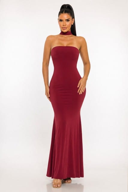Women's Crimson Whisper Strapless Choker Maxi Gown – detail view