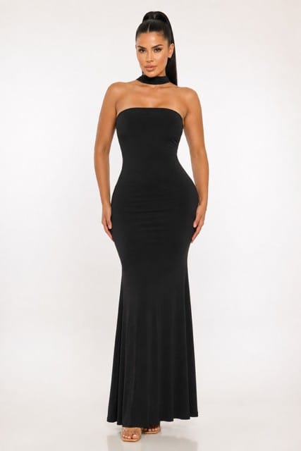 Women's Crimson Whisper Strapless Choker Maxi Gown – front view