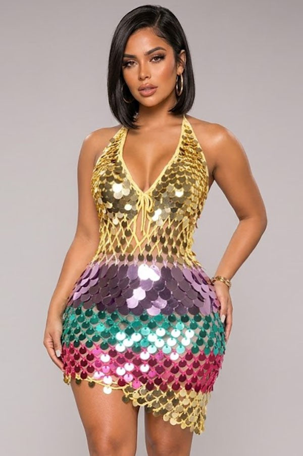 Women's Ombre Sequin Halter Neck Mini Dress