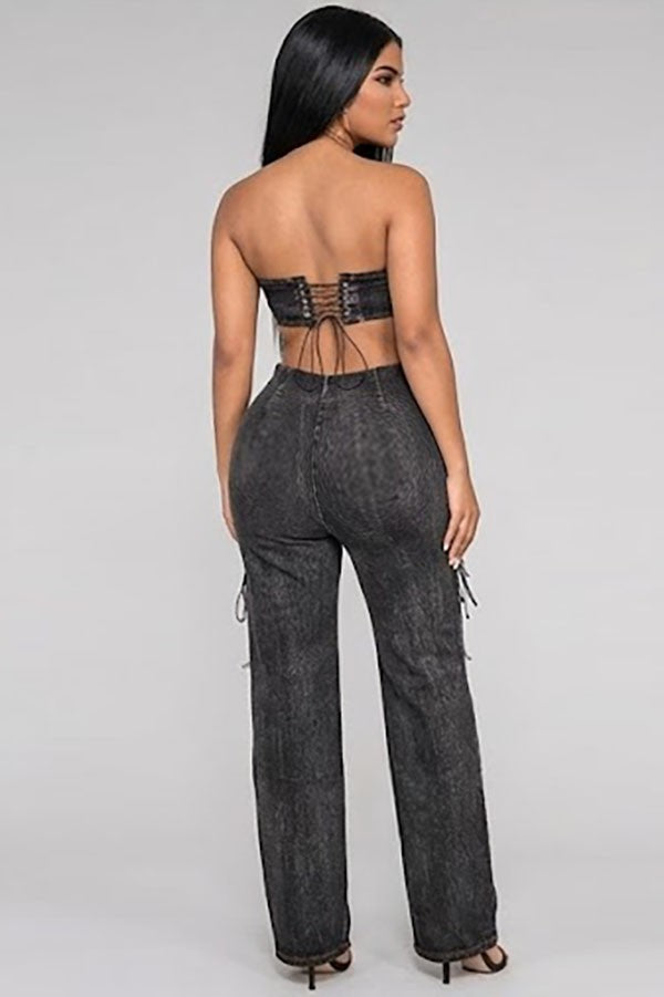 Women's black denim strapless corset bodice cutout denim jumpsuit - photo 3