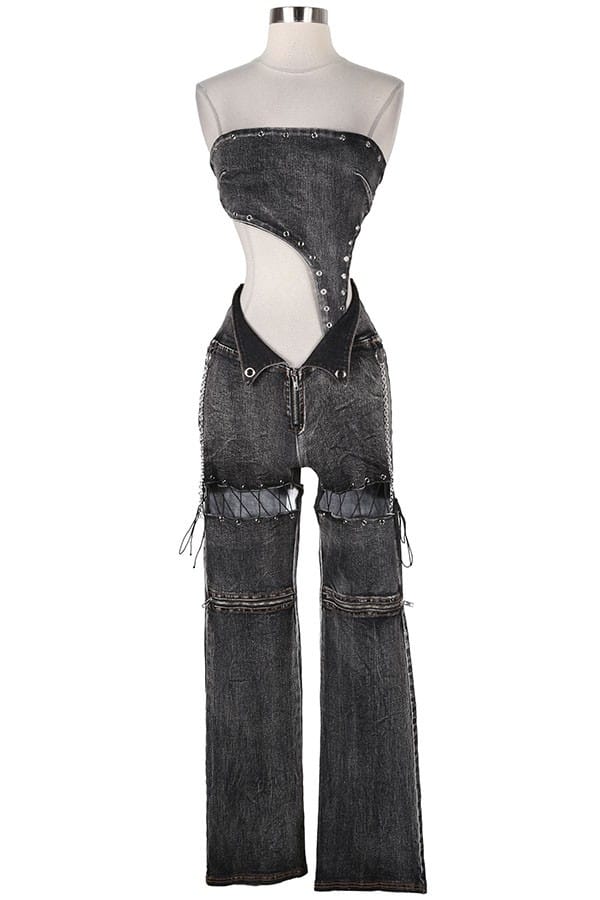 Women's black denim strapless corset bodice cutout denim jumpsuit - photo 4