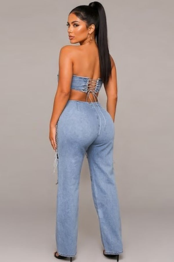 Women's denim strapless corset bodice cutout denim jumpsuit - photo 3